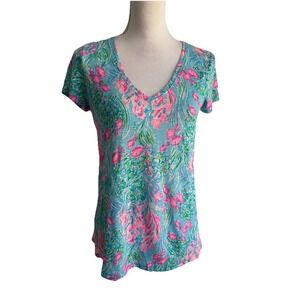 Lilly Pulitzer Cotton Etta Top Amalfi Blue Best Fishes High Low Sz XS EUC‎